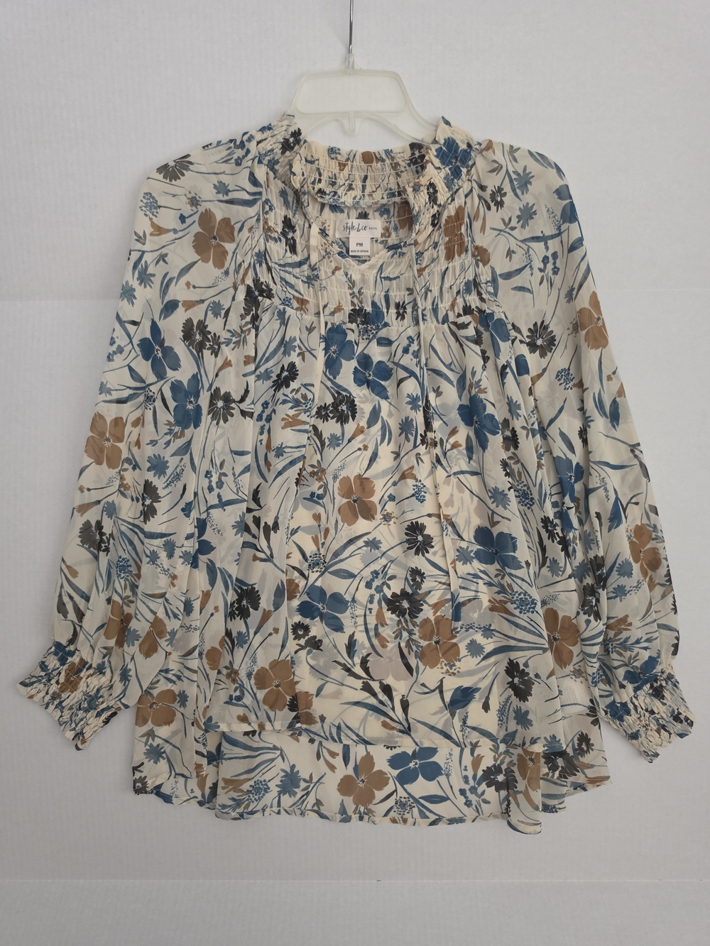 Style & Co. Petite Floral Smocked Neck Blouse Long Sleeve Boho Sheer Top Sz PM